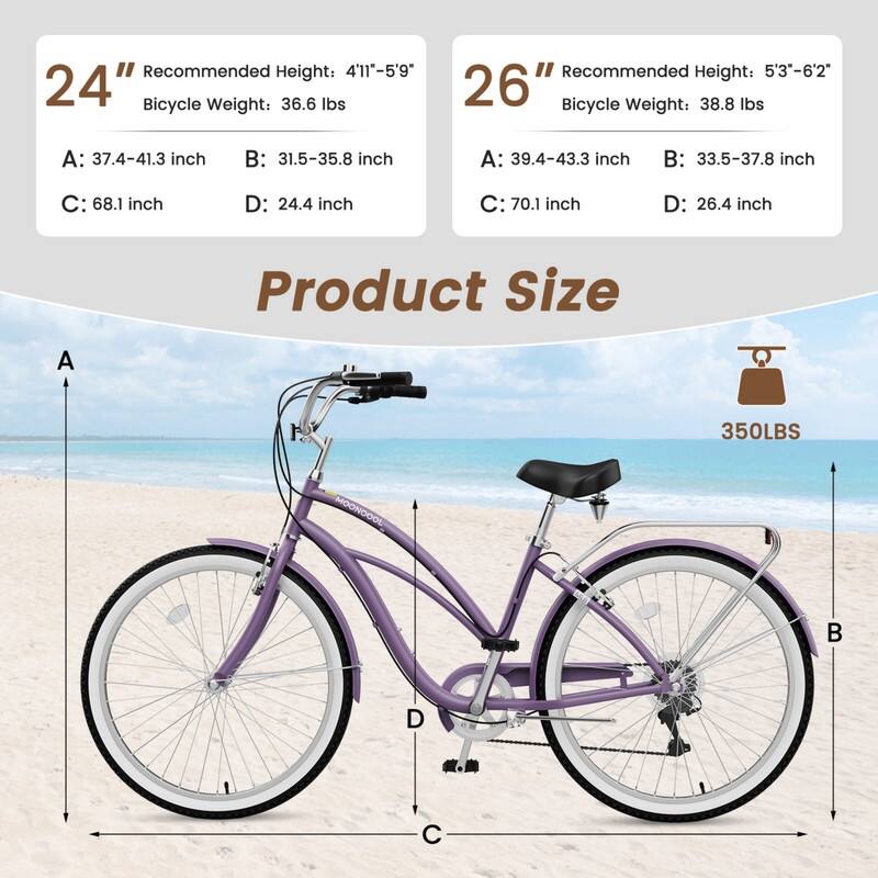 Beach Cruiser Bike for Women and Men, 24/26 Inch 7-Speed Adult Bicycle