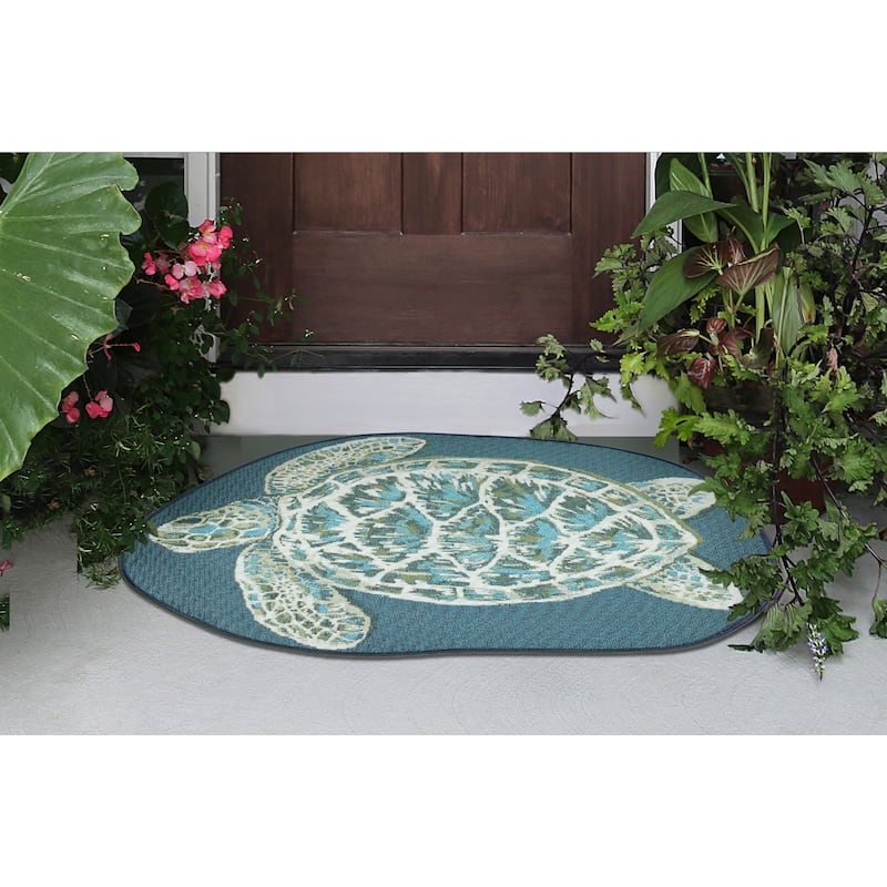Liora Manne Esencia Seaturtle Indoor/Outdoor Mat Blue 3'3" x 2'1" SHAPED - 3'3" x 2'1" SHAPED - 3'3" x 2'1" SHAPED - Blue