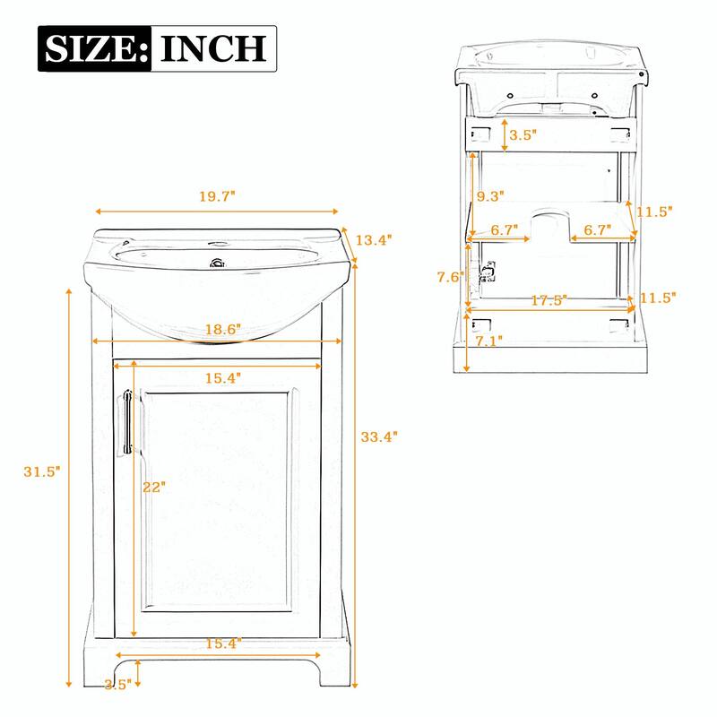 20-inch Bathroom Vanity with Ceramic Sink, Freestanding Vanity Set with Soft-Closing Door & Bulged Ceramic Basin