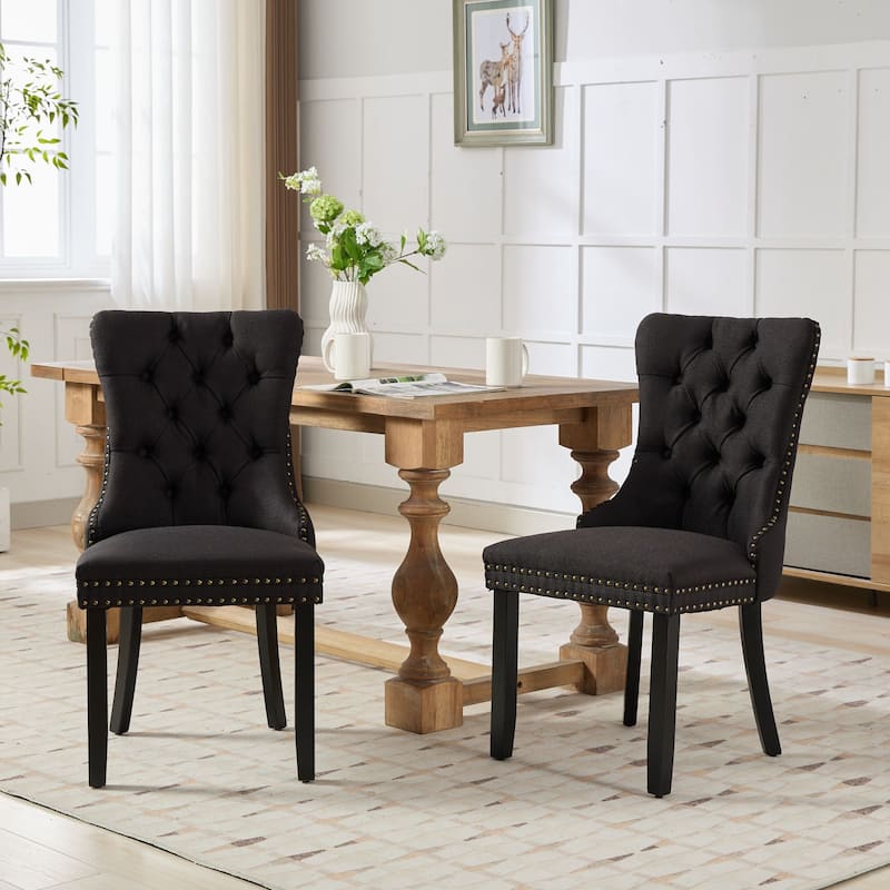 Solid Wood Dining Chairs Set of 2, Tufted Upholstered Kitchen Side Chairs, Dining Chair with Wood Legs & Nailhead Trim
