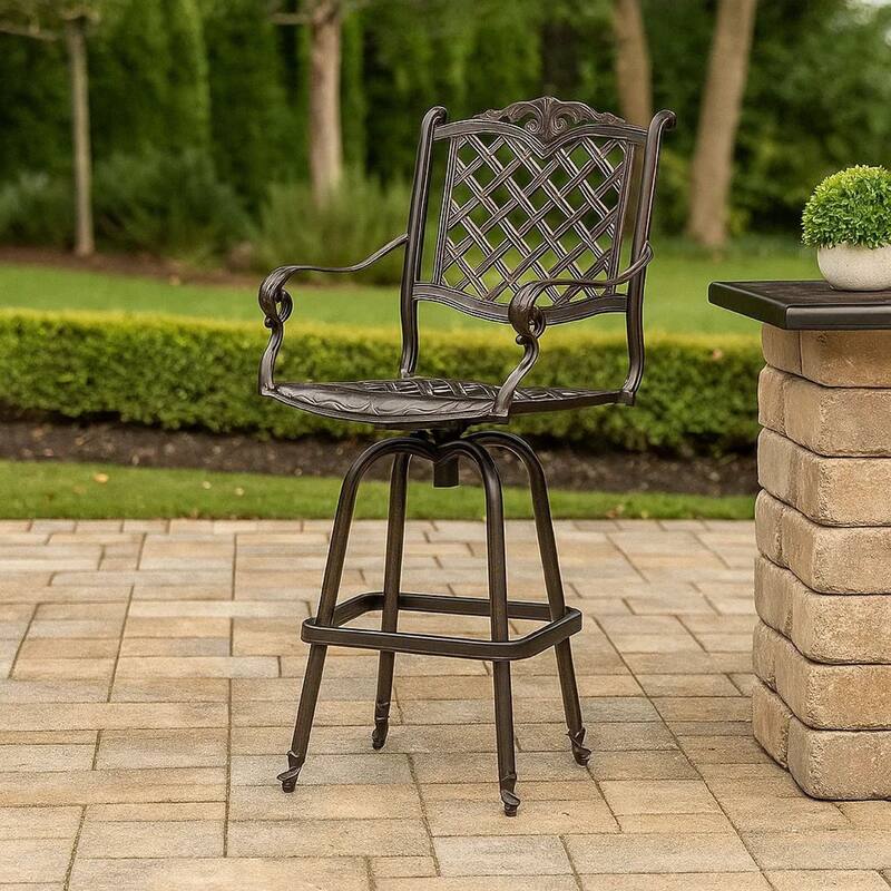 Outdoor Swivel Bar Height Chair, Ornate Bronze Aluminum Flared Base