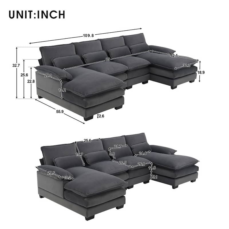 Modern U-shaped Sectional Sofa with Waist Pillows，Sleeper Sofa Couch with Chaise Lounge