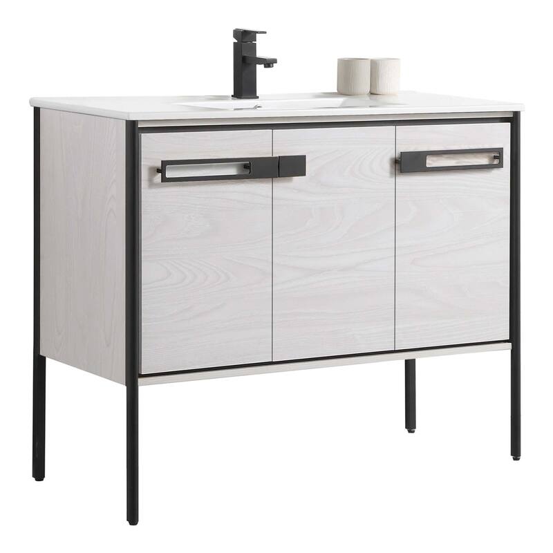Fine Fixtures Oakville Bathroom Vanity with White Ceramic Sink - 42 Inch - Mild Grey Oak - Black Hardware