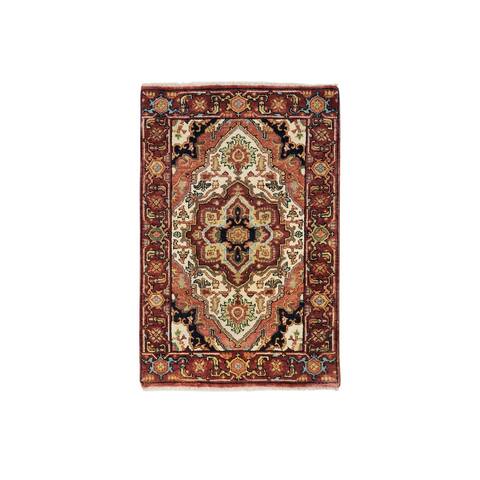 Shahbanu Rugs Ivory, Antiqued Fine Heriz, Re-Creation, Hand Knotted, Pure Wool, Mat Oriental Rug (2'0" x 3'3") - 2'0" x 3'3"