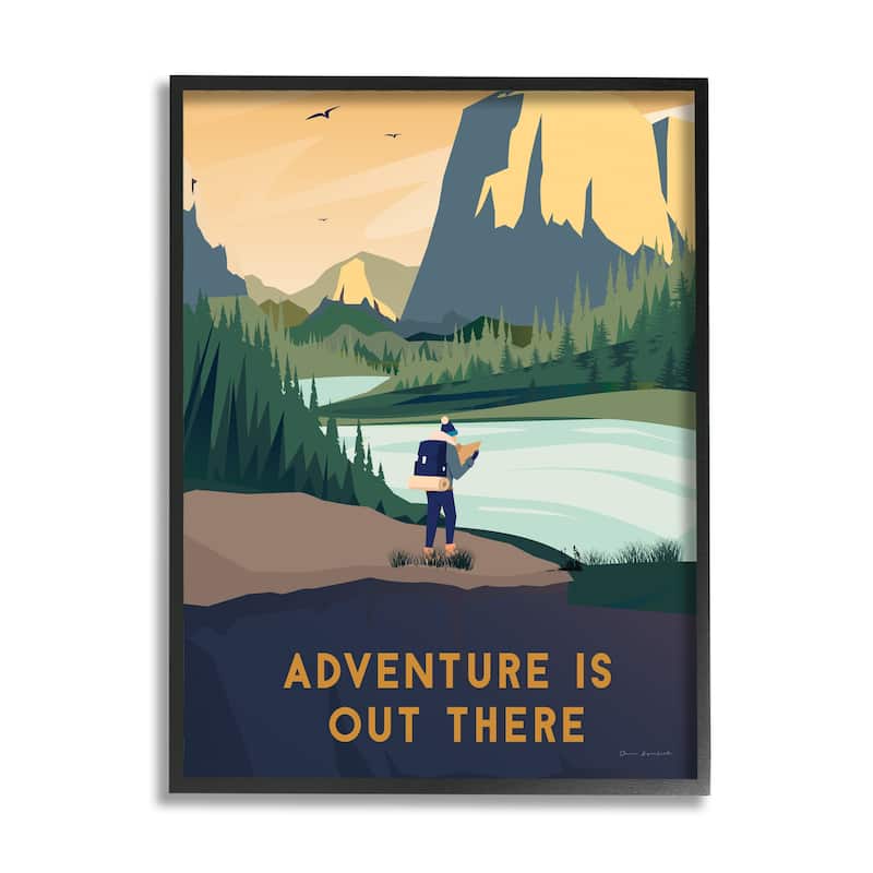 Stupell Adventure Quote Mountain Canyon Hiking Person Illustration Framed Wall Art - Yellow - 16 x 20 - Black