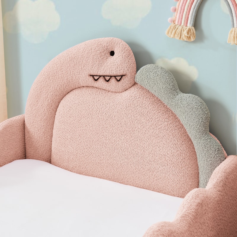 Twin Dinosaur-Shaped Kids Bed with Safety Guardrail - Solid Wood Toddler Bed Frame in Boucle Fabric