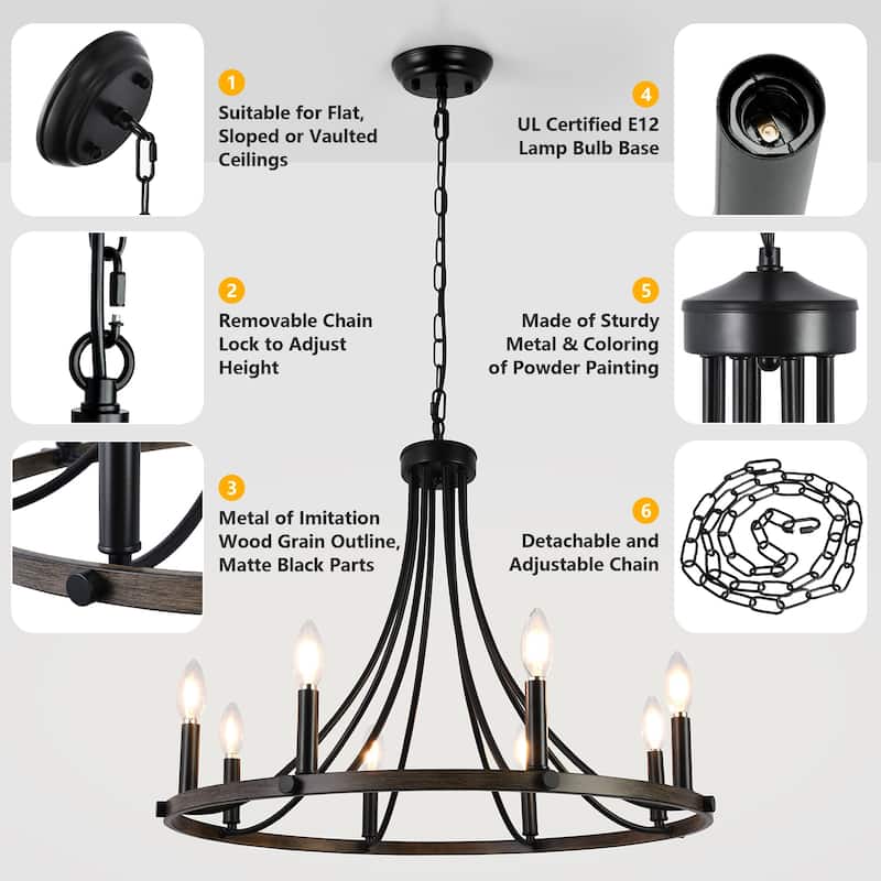 8-Light 25.59 in. Rustic Wagon Wheel Chandelier for Kitchen Living Room