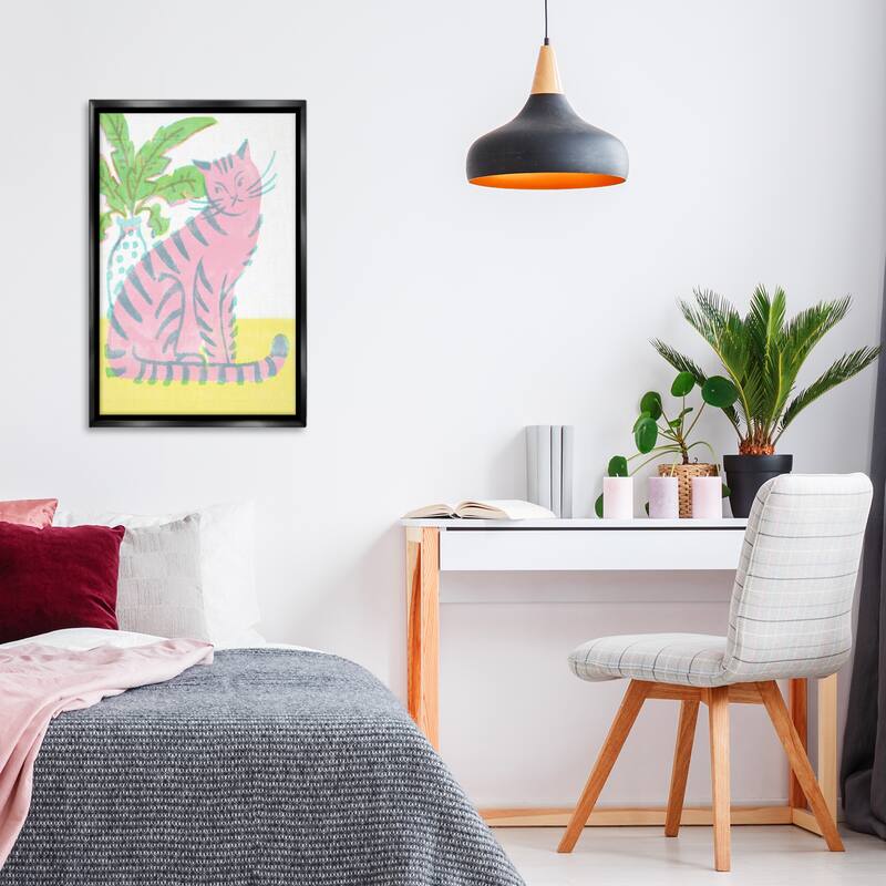 Stupell Modern Pink Cat & Plant Framed Floater Canvas Wall Art Design By Hannah Moren