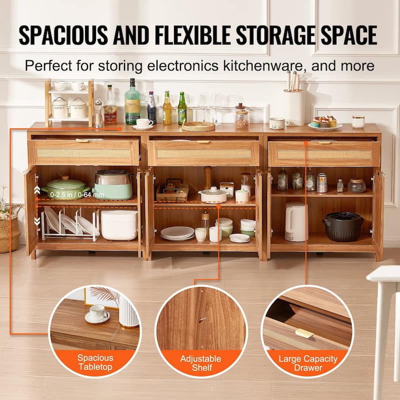 Buffet Cabinet, Rattan Cabinet with Storage 90inch, Storage Cabinet with 6 Magnetic Doors and Adjustable Shelves Set of 3, Side
