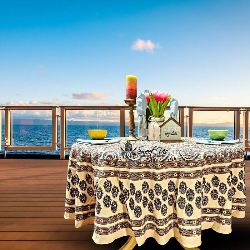 Earthy Spiral Floral Block Print Cotton Tablecloth Collection - 72-inch Round