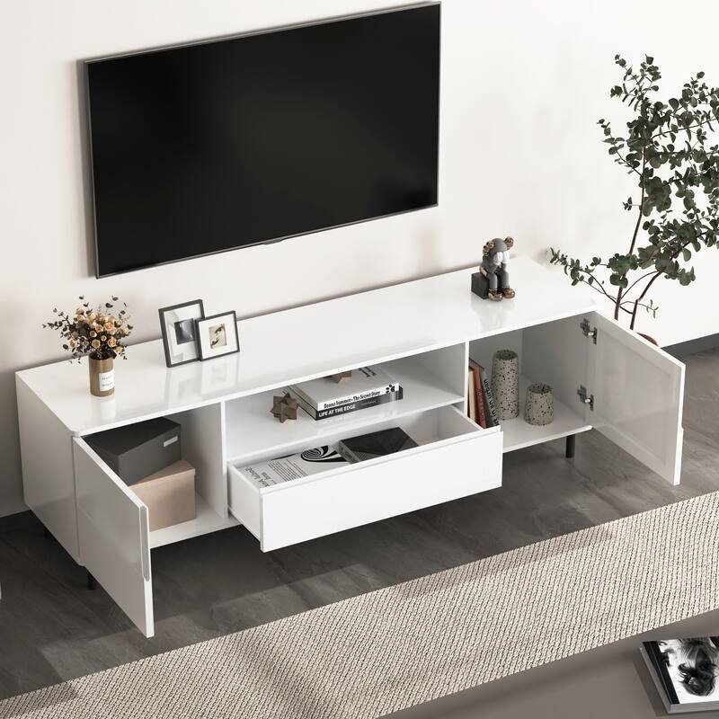Modern Cream white TV Console with 4 Storage Spaces and 2 Shelf and for Living Room Bedroom and Study