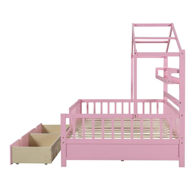 Full Pine House Bed with Roof, Drawers, and Shelf