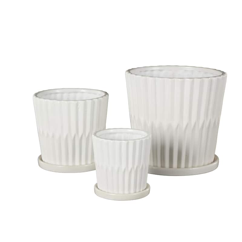 Ceramic Ribbed Indoor Outdoor Planter with Attached Saucer - Set of 3 Black or White - Roche River Decor