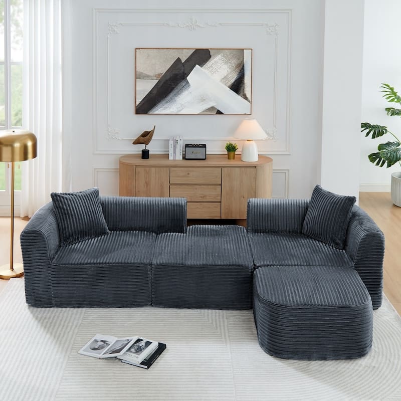 114" Modern Corduroy Modular Sofa with Movable Ottoman for Living Room