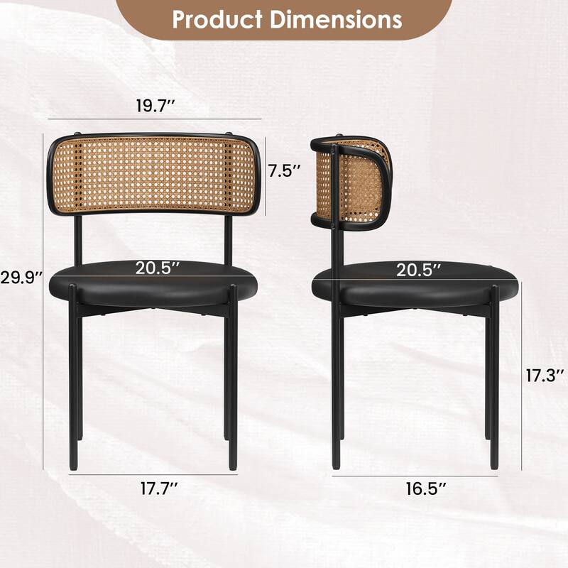 Dining Chairs Set of 4, PU Leather Upholstered Seat with Woven Rattan Back, Sturdy Metal Legs Modern Side Chairs