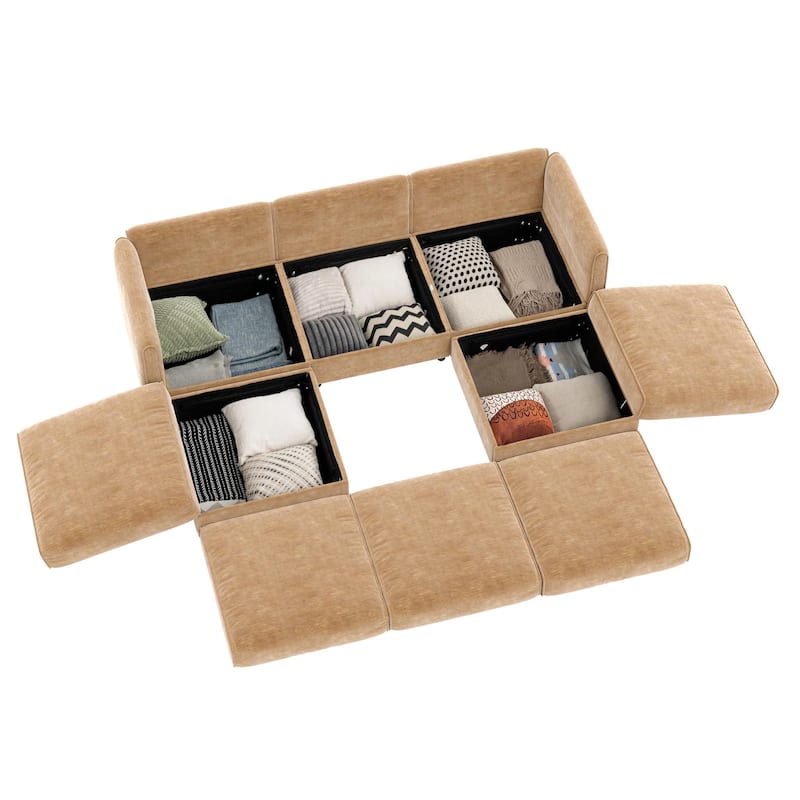 109" U-Shaped 3-Seater Chenille Sofa with Ottoman and Hidden Storage(Cylindrical Backrest Design)