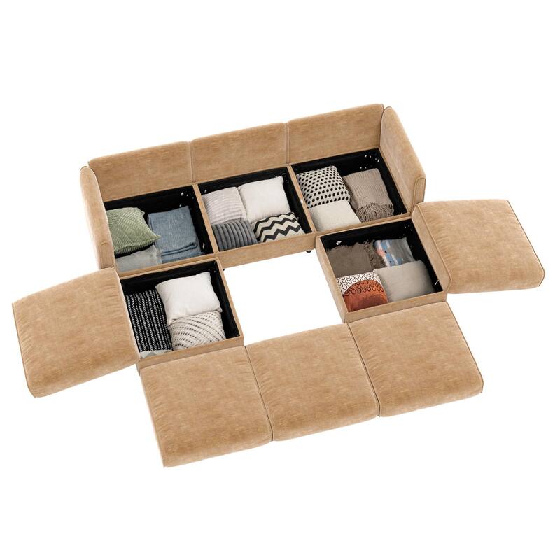 Chenille Sectional Sofa with Storage Seat & Ottoman, U-Shaped 3-Seater Couch with Cylindrical Backrest, Hidden Compartments
