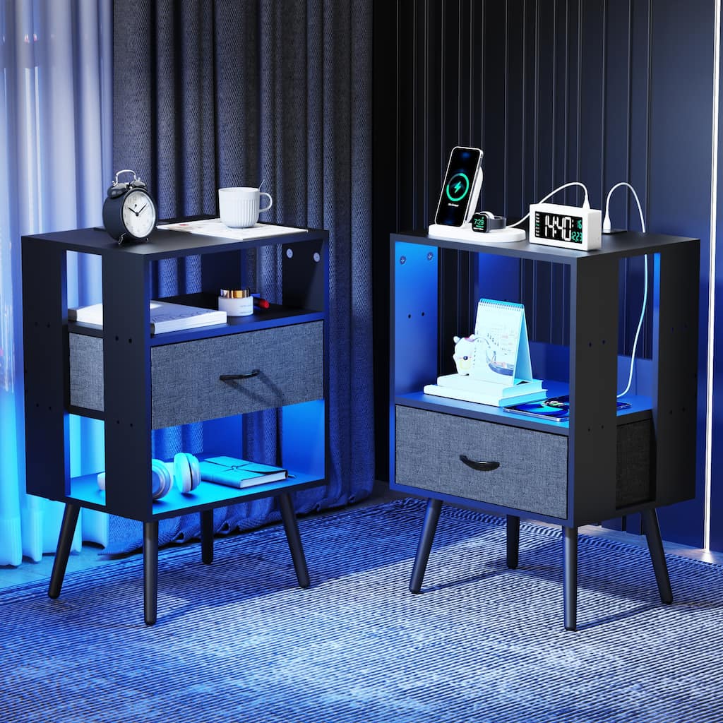 2-Pack Modern Nightstand Set with Charging Station & LED Light - Fabric Drawers