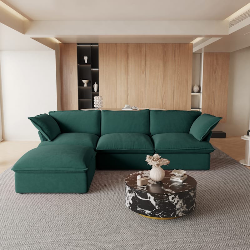 122.82'' Upholstered Sofa, L-shaped Velve Modular Sectional Sofa Couch with Ottoman - Green
