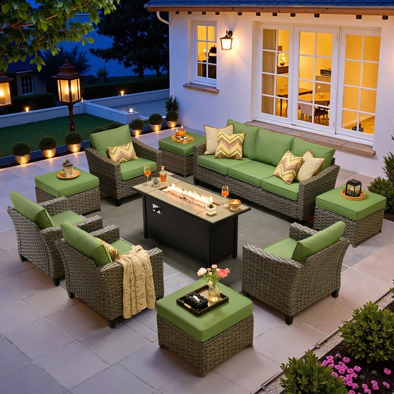 ​​OVIOS 10-Piece Outdoor Wicker Set with Fire Pit Table​ - Green