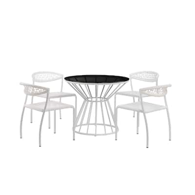 Industrial 5 Piece Metal Outdoor Dining Set, White and Black