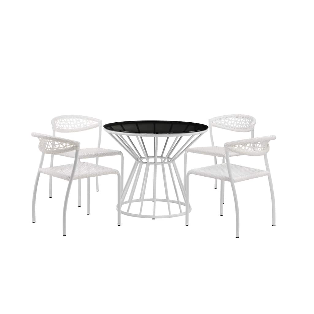 Industrial 5 Piece Metal Outdoor Dining Set, White and Black