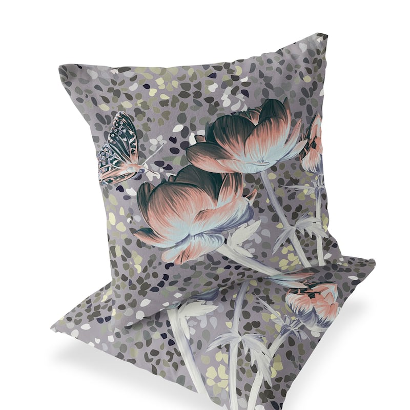 HomeRoots Set of Two 16" X 16" Gray and Pink Butterfly Blown Seam Floral Indoor Outdoor Throw Pillow - 16.00' X '16.00' X '5.00