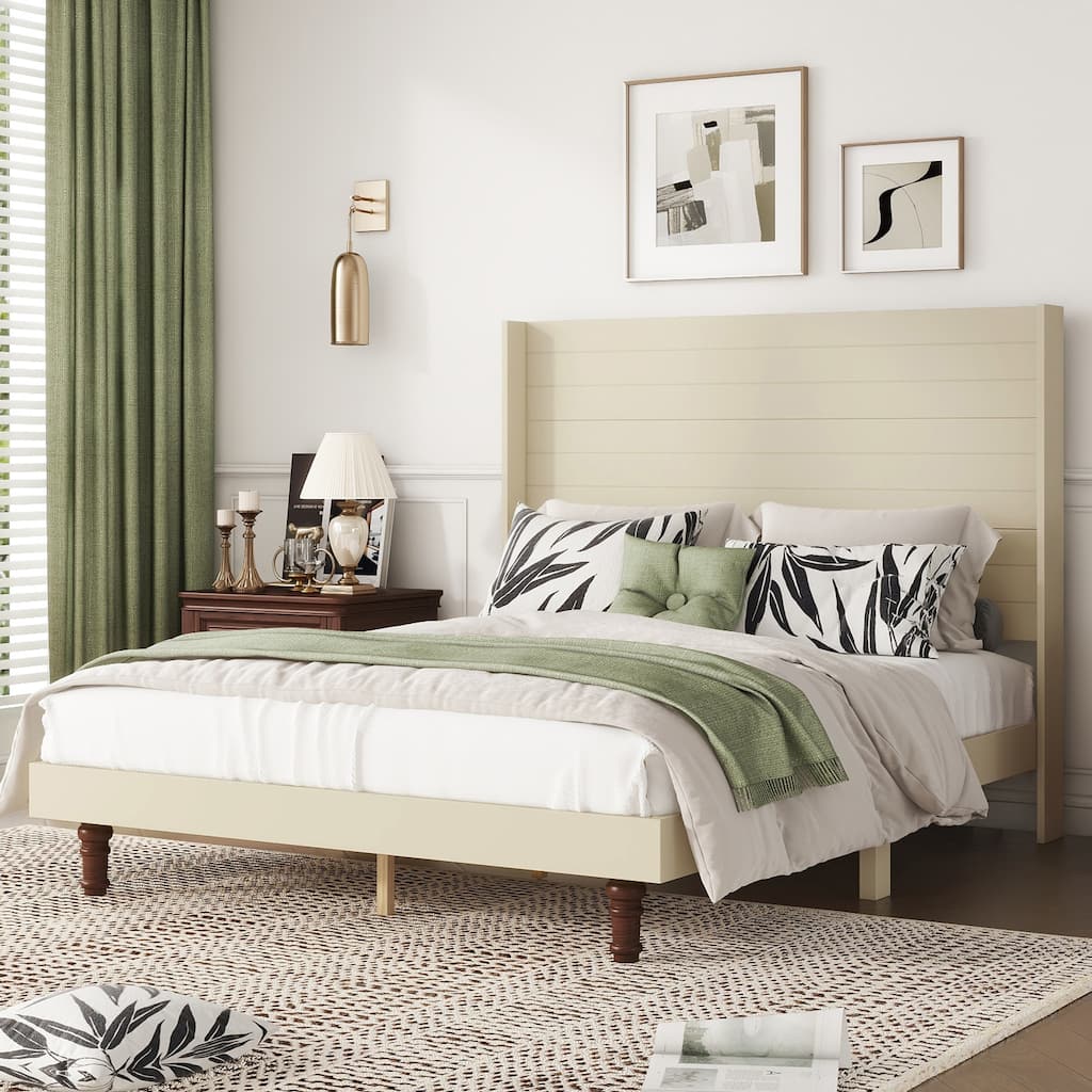 Wooden High Back Bed, 54In High Headboard, Classic Platform Bed Frame