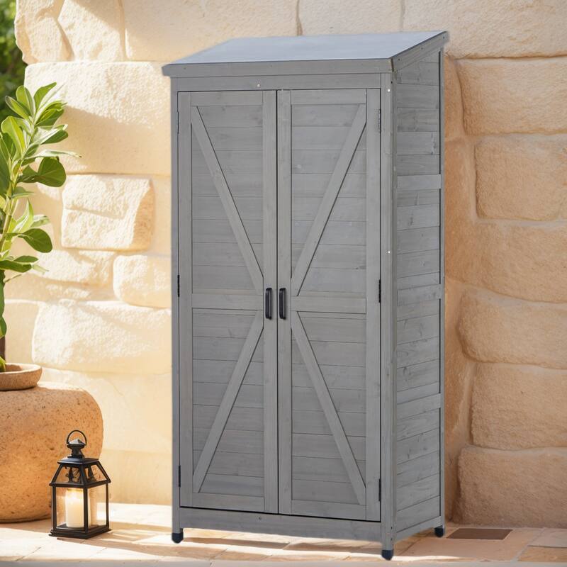 Farmhouse Vertical Storage Shed, Cedar Wood Tool Cabinet with Sloped Metal Roof, Adjustable Shelves - 33.5"L x 18.5"W x 68"H - grey