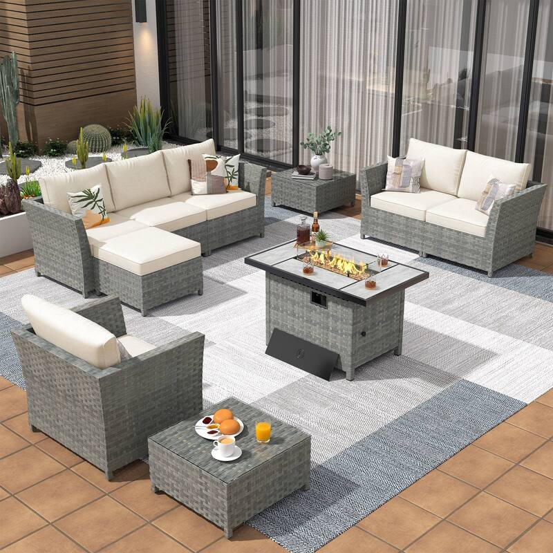 XIZZI 10-piece Patio Rattan Wicker Furniture with Rectangular Fire Pit - Ivory