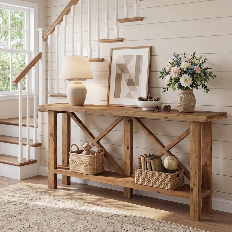 Solid Wood Console Table, Farmhouse Narrow Sofa Table for Living Room