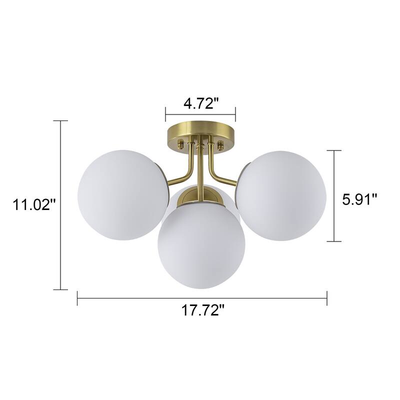 Modern 4-Light Flush Mount Ceiling Light with Opal Glass Globe Shades - Brass - 17.72-in W x 11.02-in H