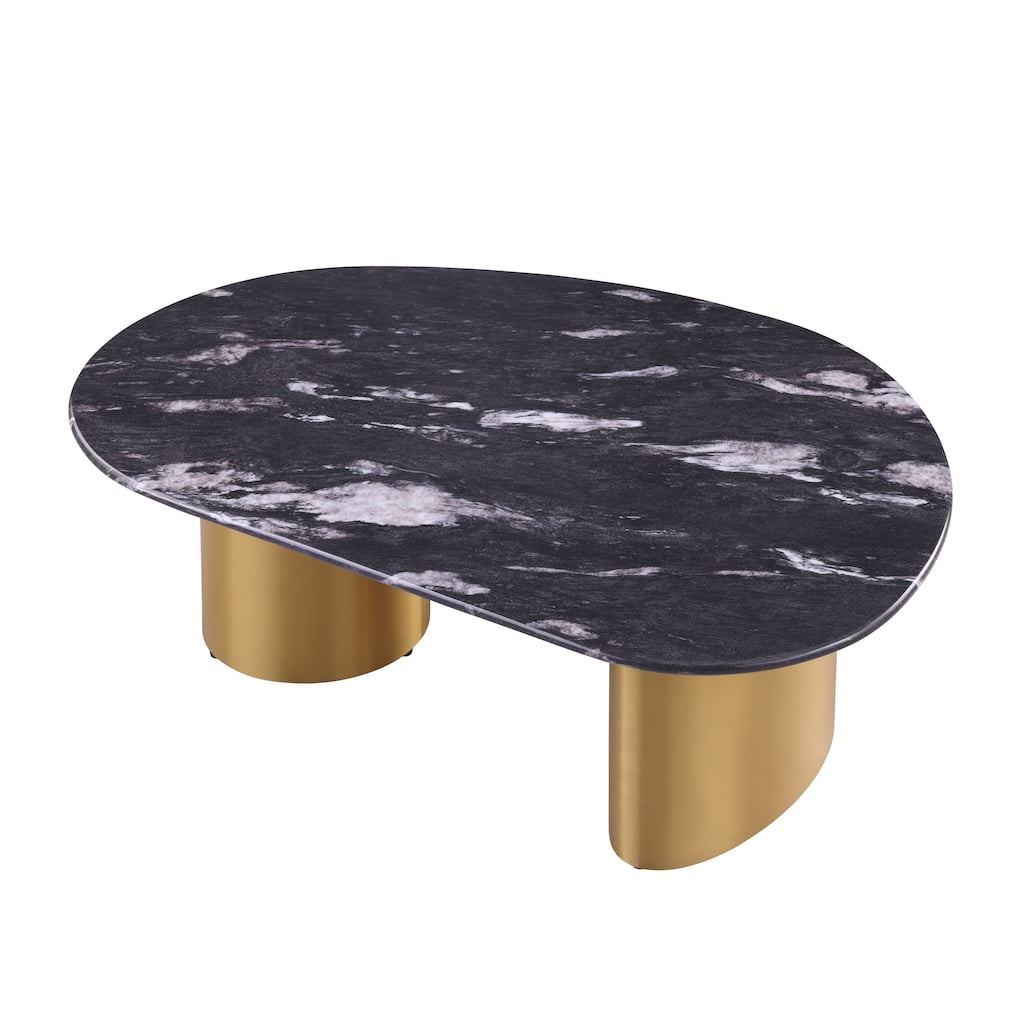 Furniture of America Luvien Modern Grey Sintered Stone Top Oval Coffee Table with Gold Legs