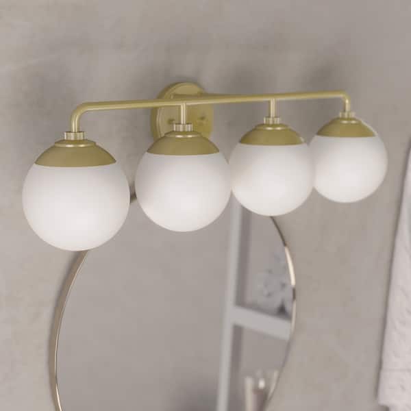 slide 2 of 15, Hunter Hepburn 4-Light Bathroom Vanity Wall Light - Damp Rated - Vintage, Mid-Century Painted Modern Brass