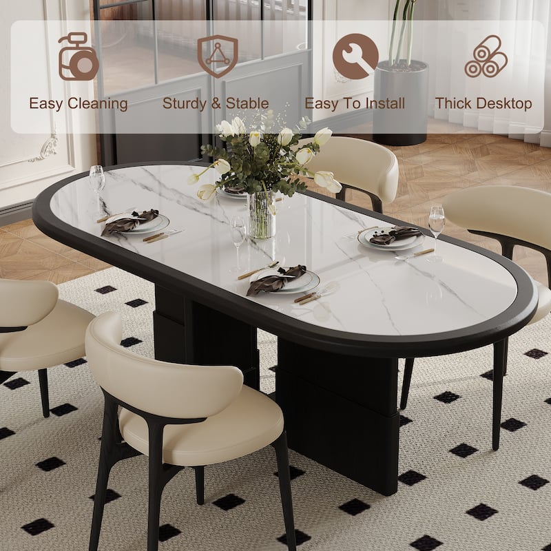 Modern 78.74" Oval Black Dining Table, Solid Wood Veneer, With White Sintered Stone Table top for 8