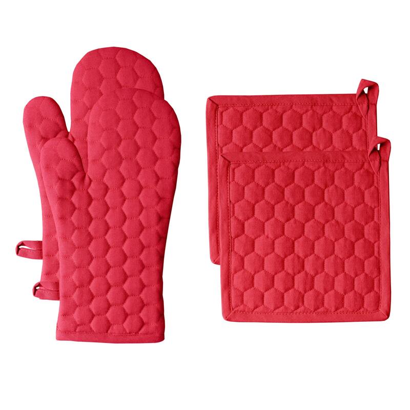 Fabstyles Fouta Cotton Oven Mitt & Pot Holder Set of 4 - 7x12 , 8x8 - Red