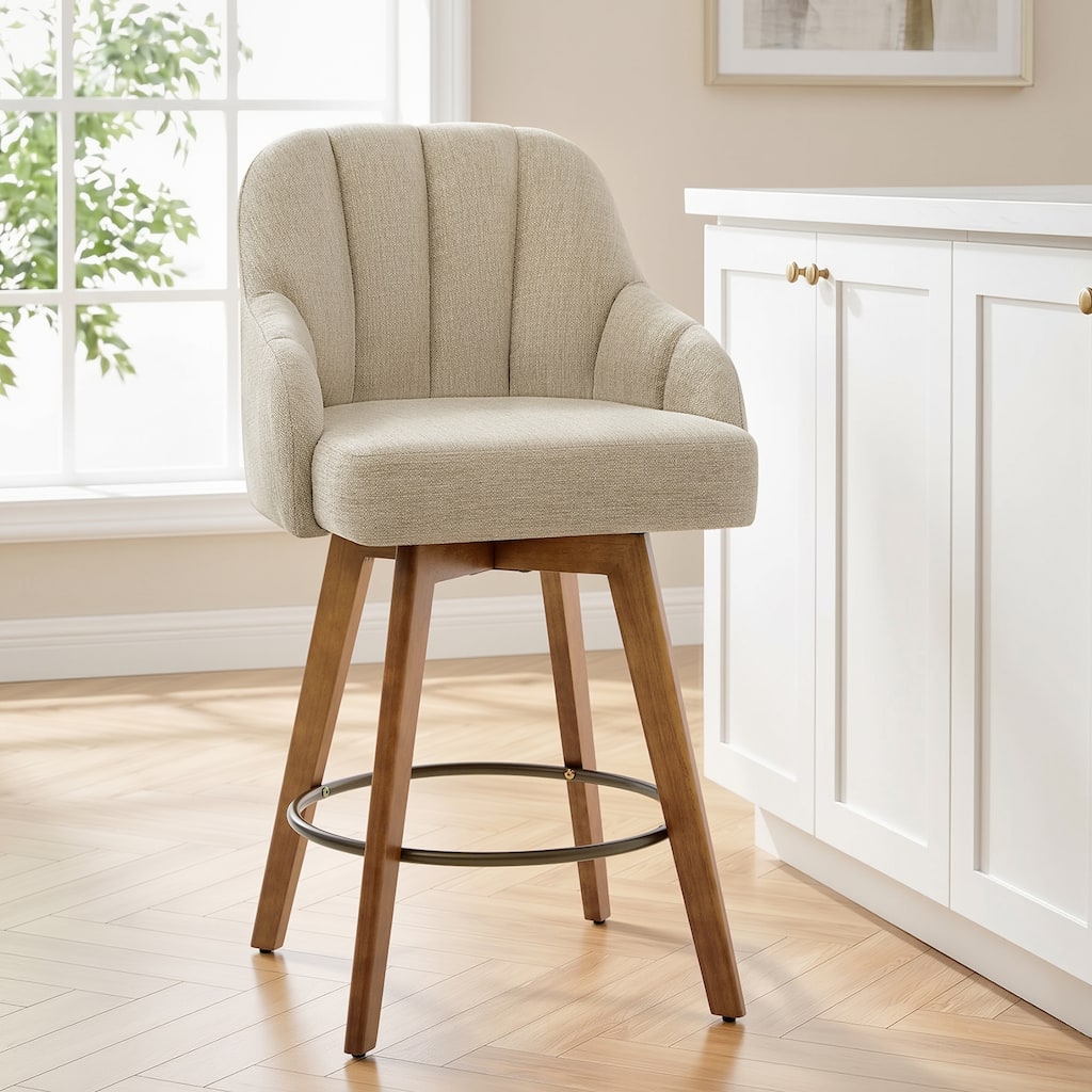 27.2" Mid-century Modern Upholstered Swivel Bar Stool with Solid Rubberwood Legs, Channel-Tufted Back - 39.6"H x 22"W x 23.2"D
