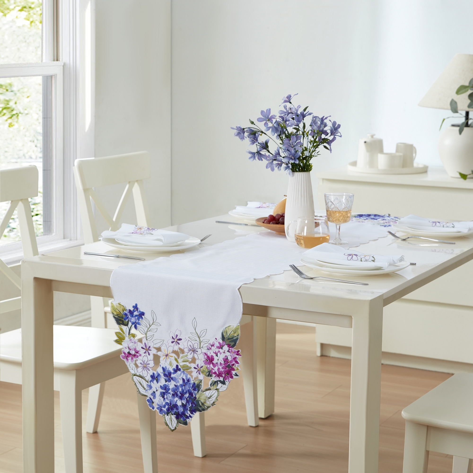 Spring Hydrangea Floral Cutwork Table Runner - 13x70