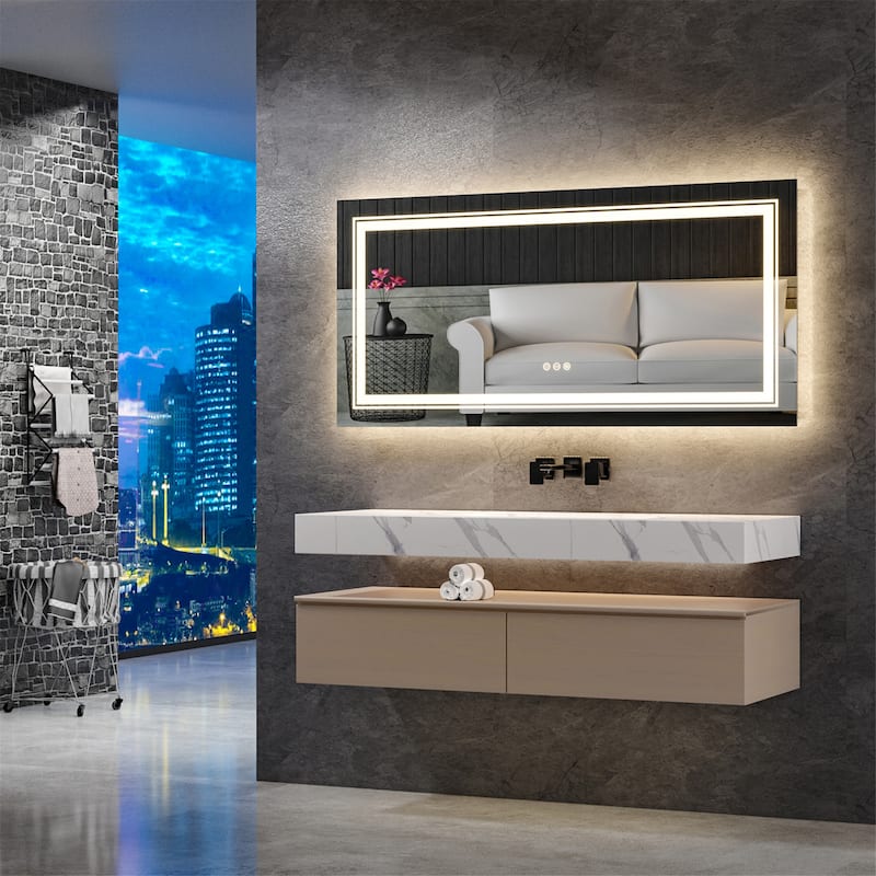 Rectangle Aluminum Frame Bathroom Mirror w/Led Backlit Light Anti-fog - 39.4x23.6 inch