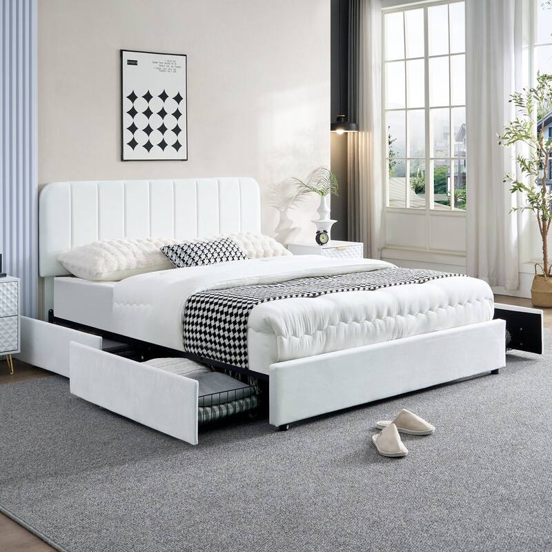 White Upholstered Platform Bed Frame with 4 Storage Drawers, Adjustable Velvet Rivets Headboard