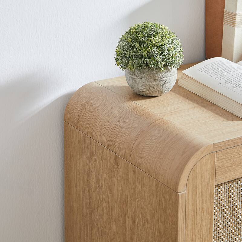 Rattan Shoe Cabinet with Doors & Open Bottom Shelf, Shoe Storage Cabinet with Adjustable Shelves, Wooden Shoes Rack Organizer