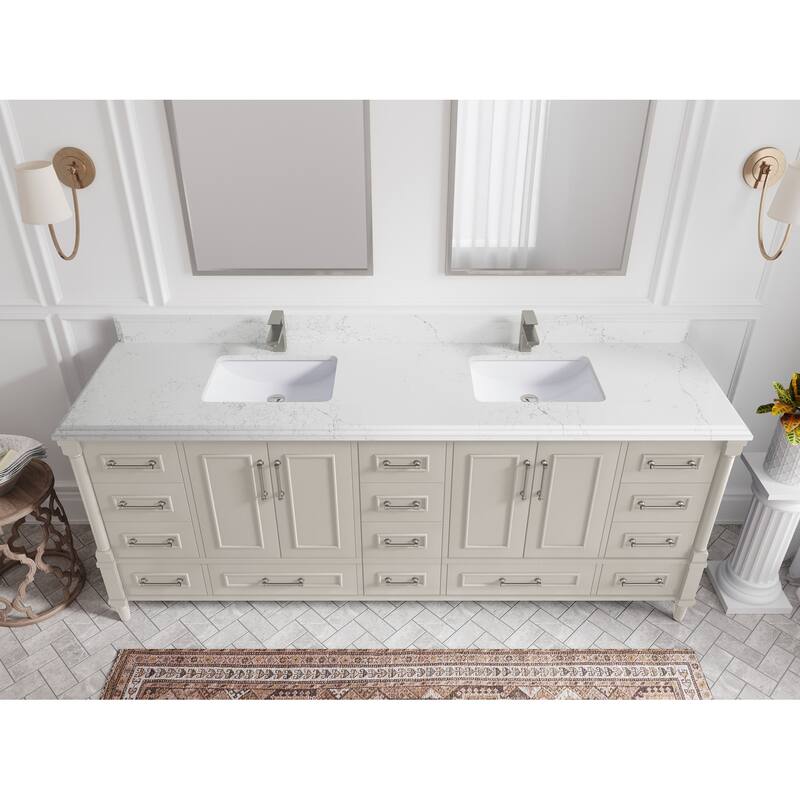Willow Collections 84 in. W x 22 in. D Aberdeen Double Bowl Sink Bathroom Vanity with Countertop - 1.5" Empira White - Fine Grain