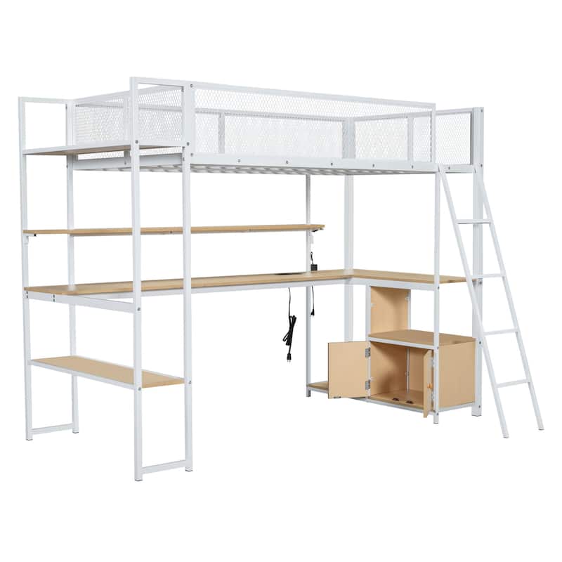 Metal Loft Bed Twin Size Bed Frame with Long Desk and Several Storage Shelves Under the Bed, Controllable LED & Charging Station