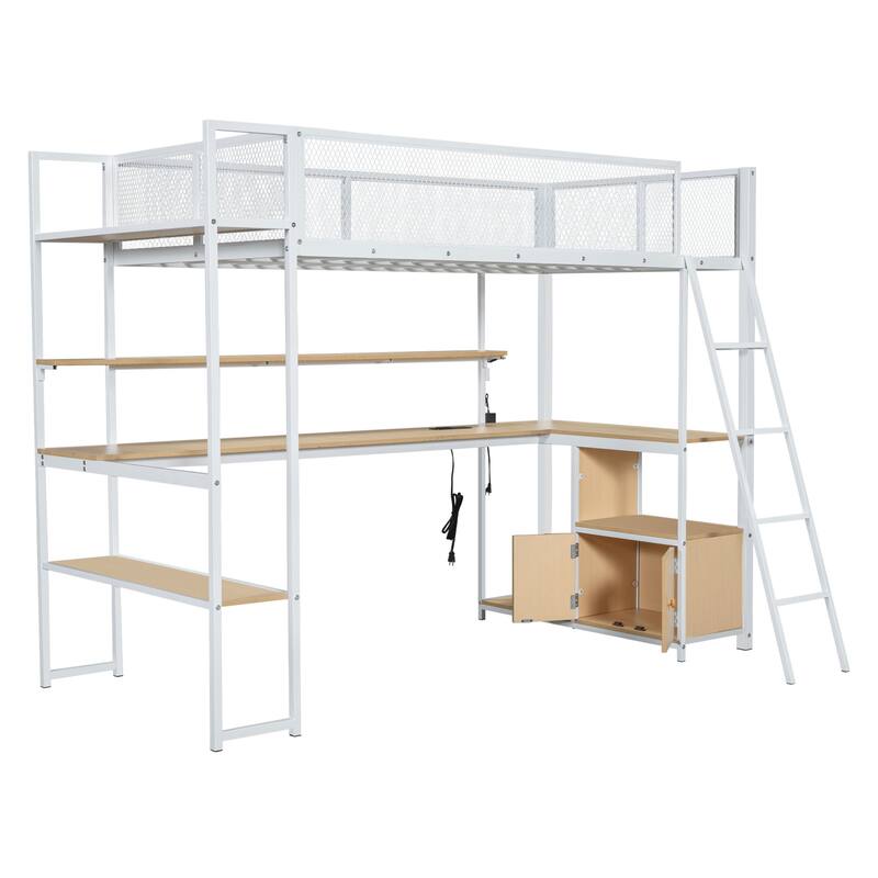 Twin Size Metal Loft Bed with LED Workstation & Smart Storage (350lb Capacity)