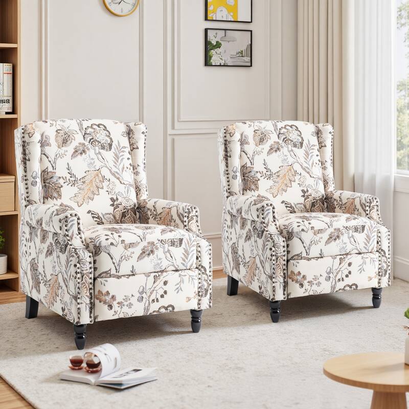 Floral Linen Manual Recliner Chair with Footrest set of 2 - PLANTS BEIGE