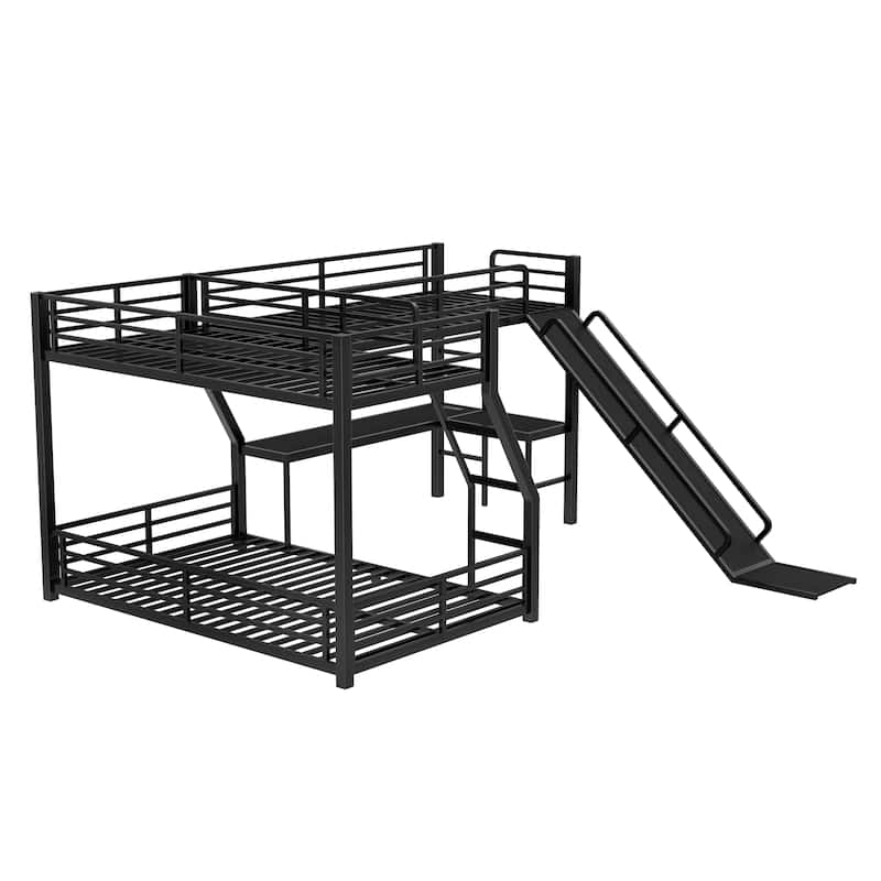 Roomfitters L-Shaped Twin over Queen/Full Metal Triple Bunk Bed with Twin Loft, Slide & USB Ports, Space-Saving Noise-Free Frame