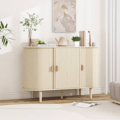 Curved Buffet Sideboard Sliding Door Accent Storage Cabniet, Natural