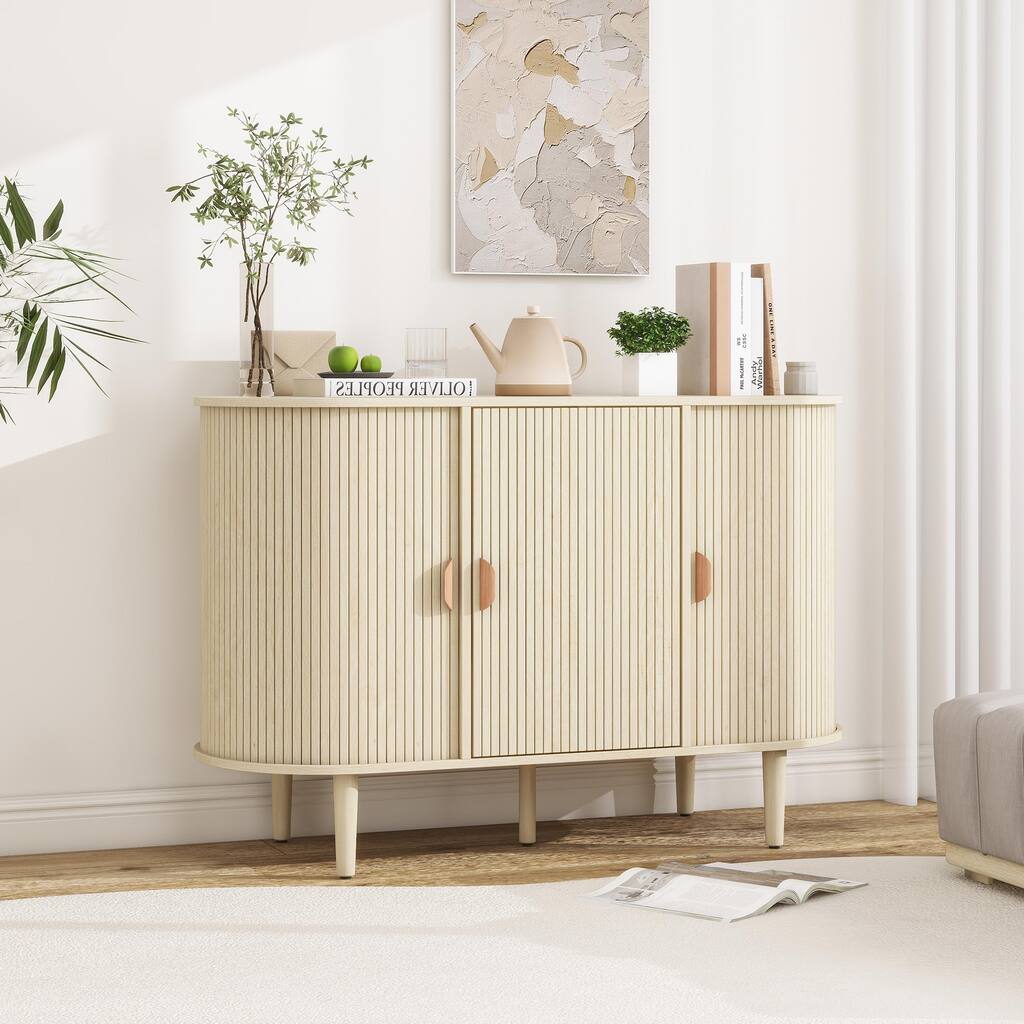 Modern Arc-Top Storage Cabinet with Adjustable Shelf, Sliding Doors, Pine Legs, and Anti-Tipping Device