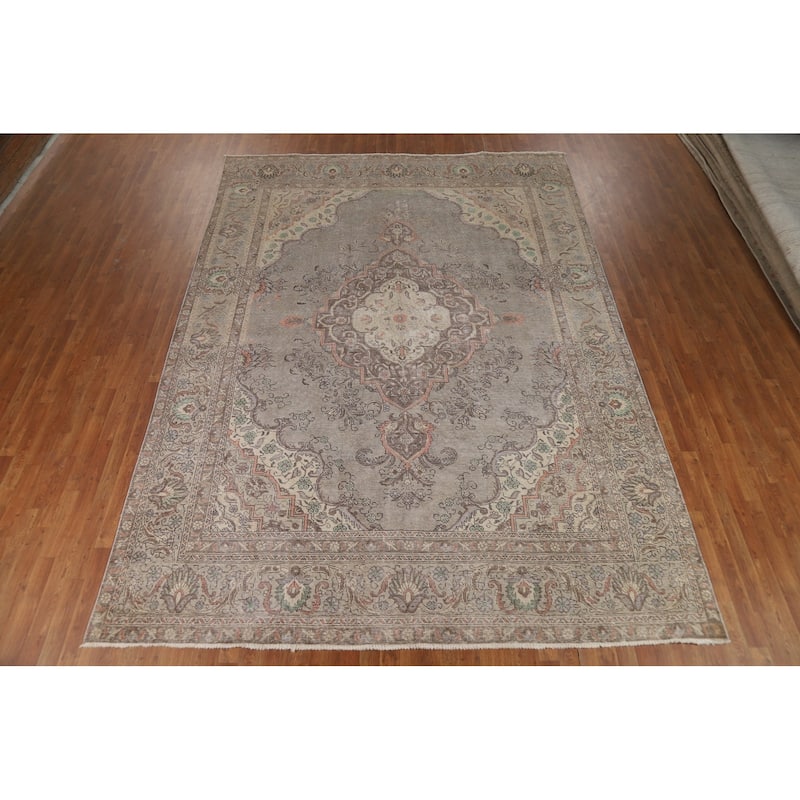 Gray Geometric Tabriz Persian Area Rug Hand-Knotted Wool Carpet - 9'1"x 12'9"