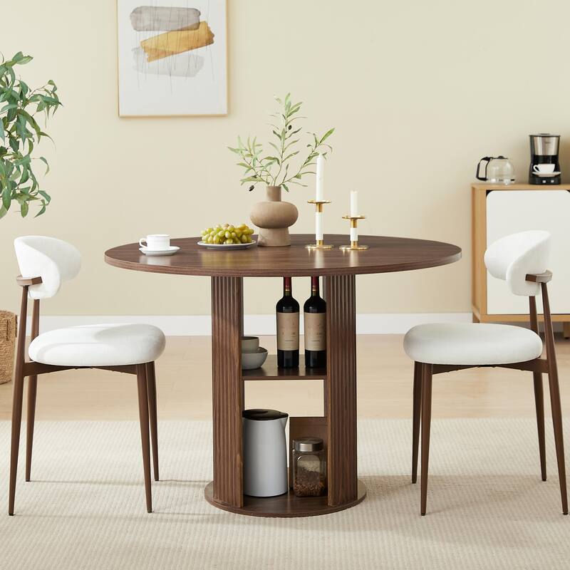 Anmytek Modern Farmhouse 3 Piece Round Dining Set Walnut Wood Table with Storage Shelf and 2 Chairs for 2 to 4 People